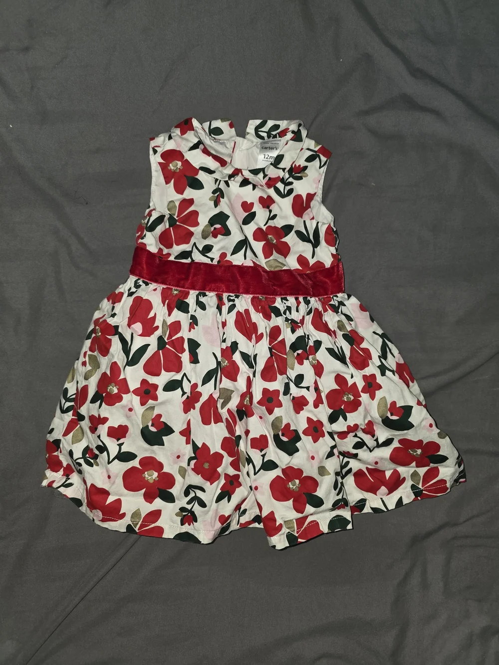 Carter's White Dress with Red Floral Print and Red Velvet Waistband